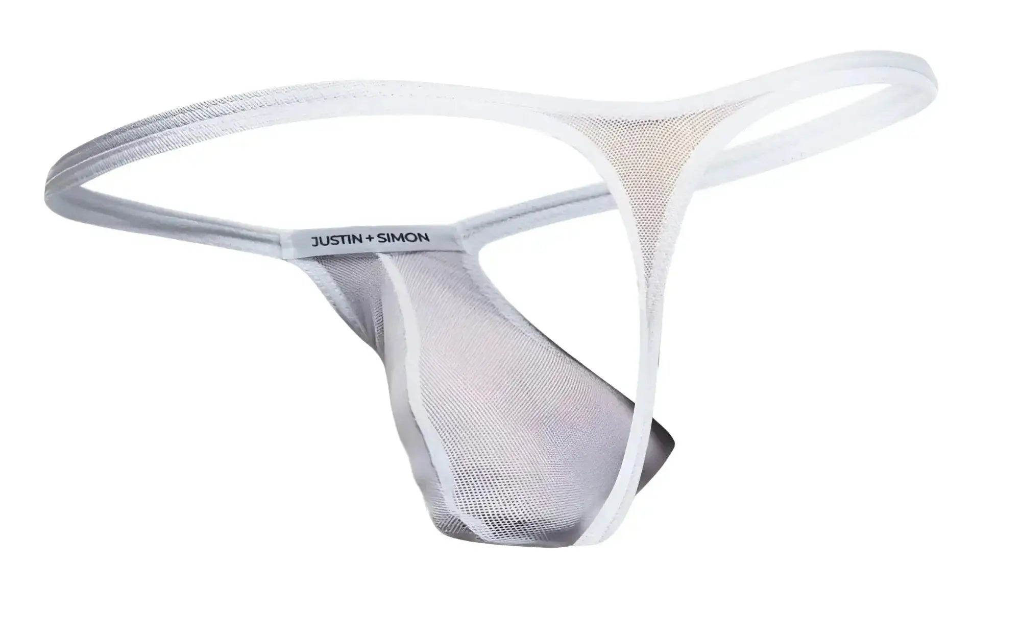 White mesh thong bulge from justin simon with sleek minimalist design and subtle silver trim in white mesh material