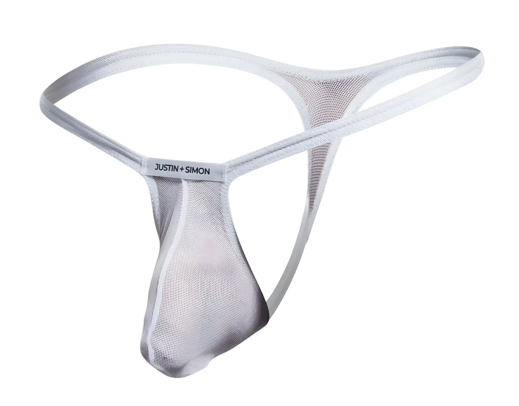 White mesh bulge thong by justin simon featuring breathable fabric and slim design in the front view