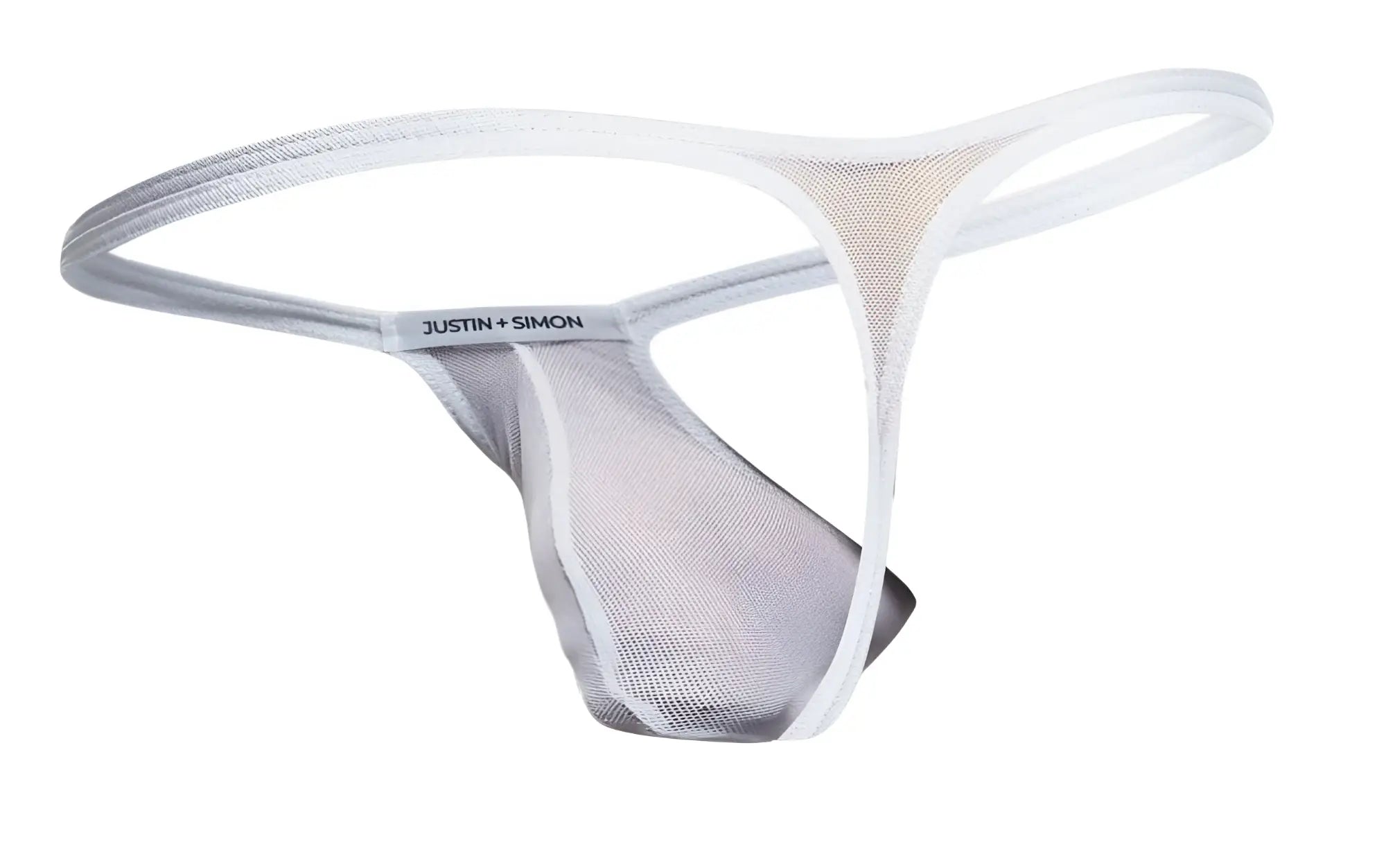 White mesh thong bulge from justin simon with sleek minimalist design and subtle silver trim in white mesh material