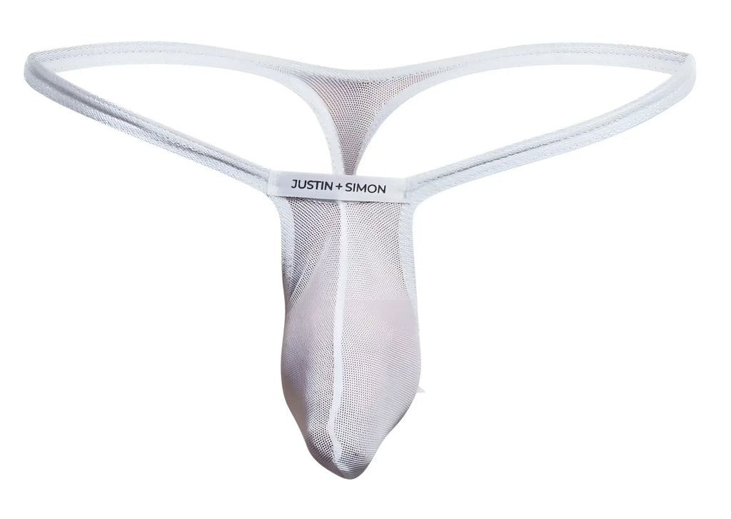 White mesh thong with subtle sheen and justin plus simon brand label on waistband in justin plus simon xsjbu02 bulge thongs