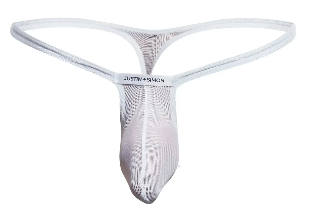White mesh thong with subtle sheen and justin plus simon brand label on waistband in justin plus simon xsjbu02 bulge thongs