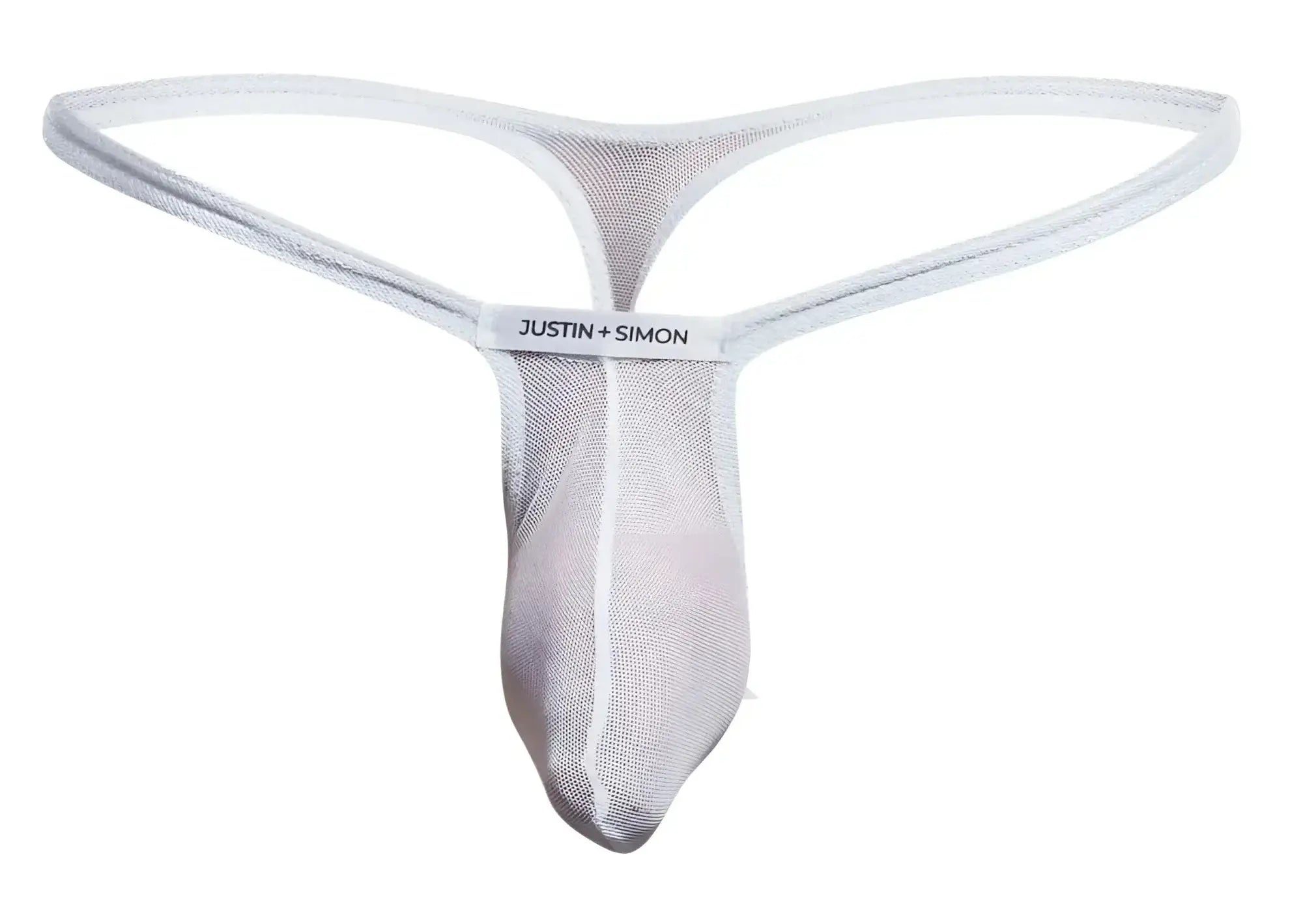 White mesh thong with subtle sheen and justin plus simon brand label on waistband in justin plus simon xsjbu02 bulge thongs