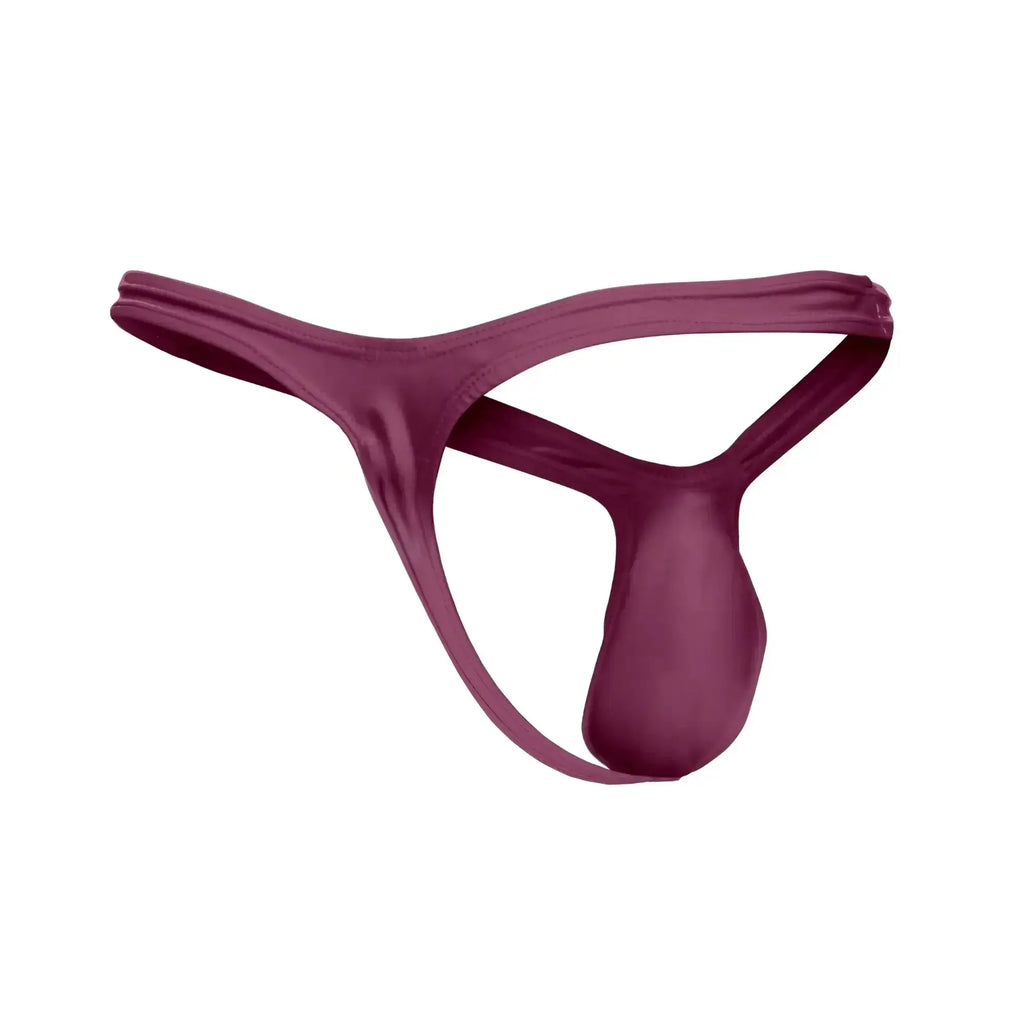 A sleek maroon satin thong from JUSTIN SIMON XSJBU02 bulge thongs in wine color with a minimalist design