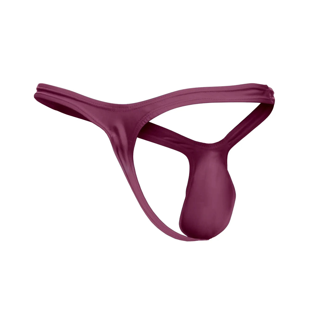 A sleek maroon satin thong from JUSTIN SIMON XSJBU02 bulge thongs in wine color with a minimalist design