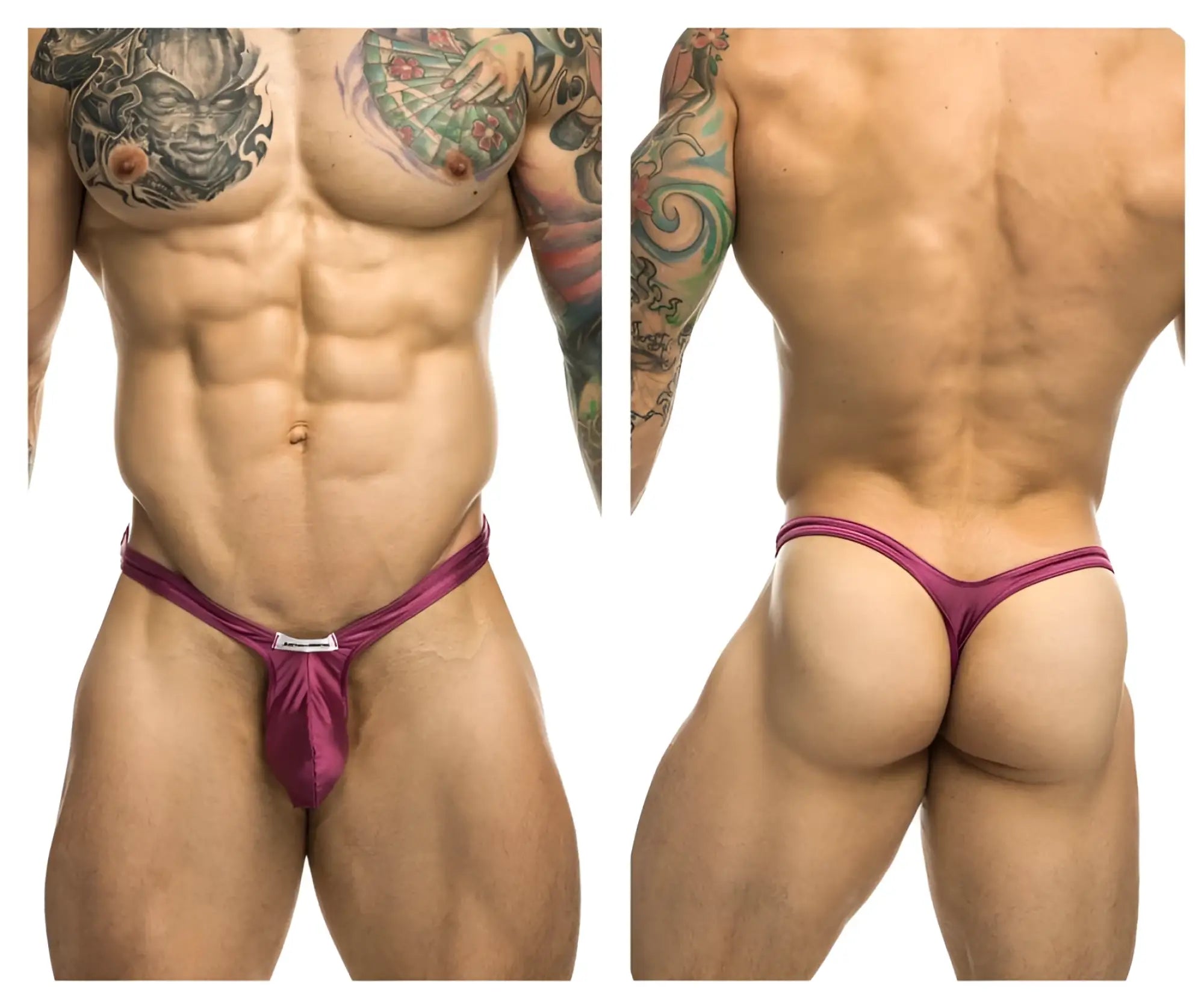 A vibrant wine magenta satin JUSTIN+SIMON bulge thong with a sleek form-fitting design and front metallic clasp