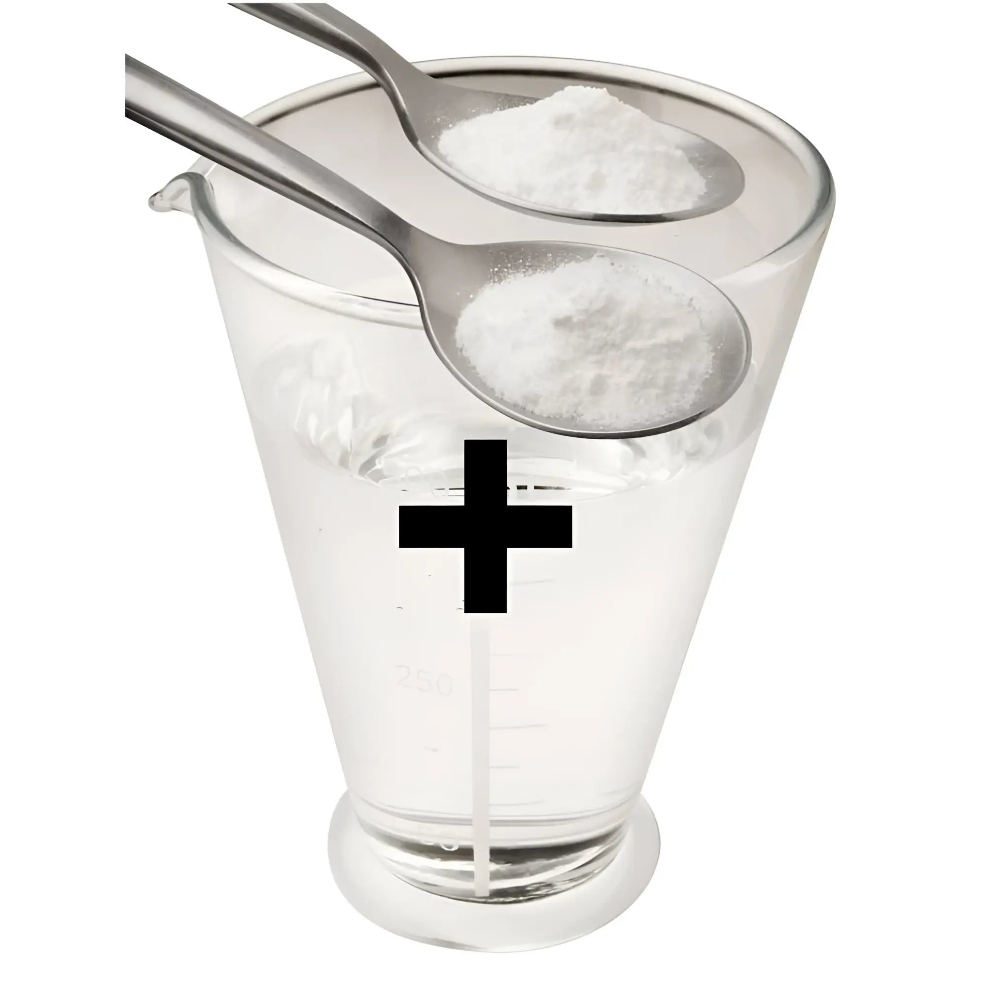 Clear glass measuring cup filled with water and two silver spoons holding white k lube powder 200gm for 20 litres use