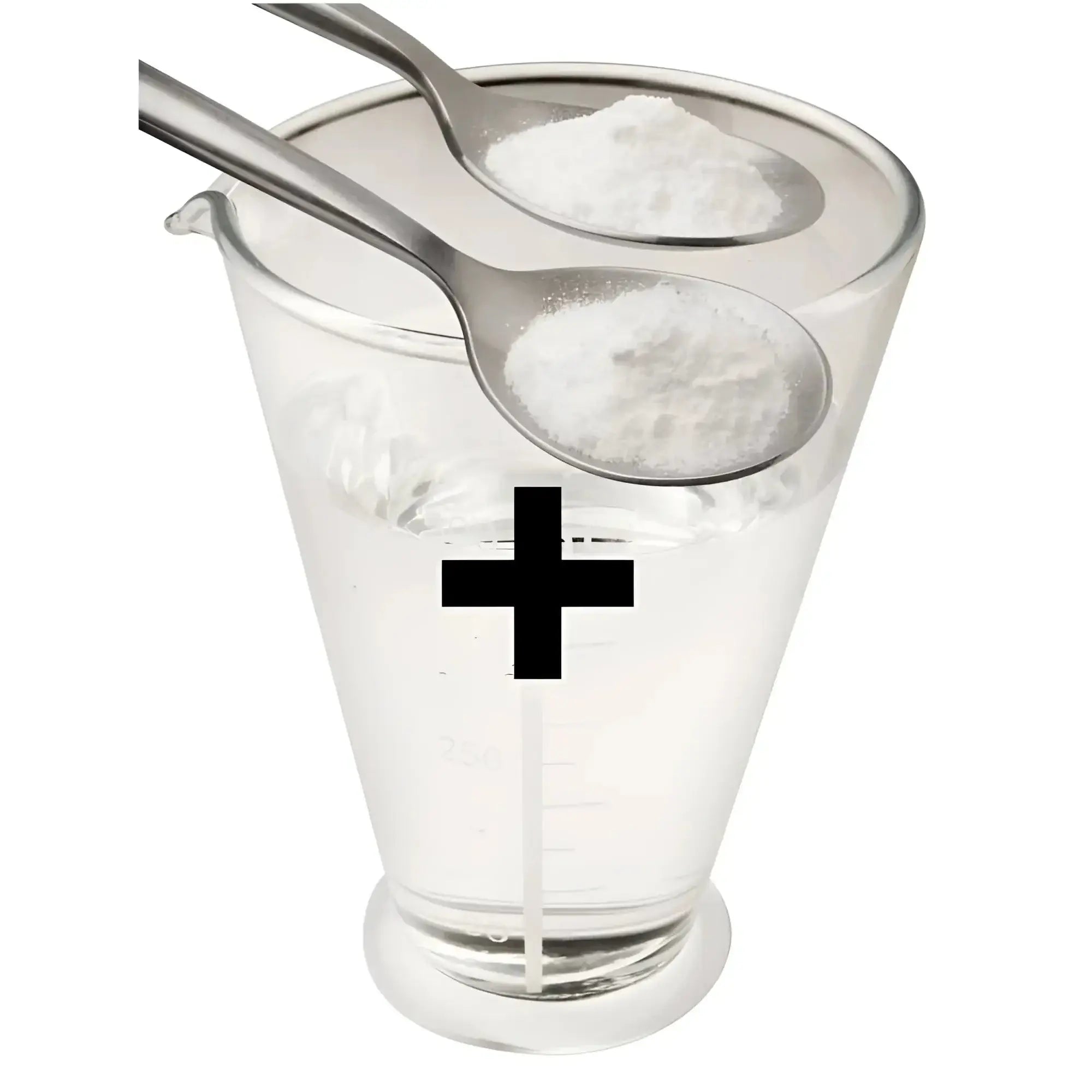 Clear glass measuring cup filled with water and two silver spoons holding white k lube powder 200gm for 20 litres use