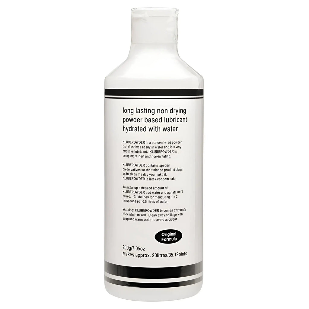 White plastic bottle with black label containing klube powder lubricant powder k lube 200gm for 20 litres use