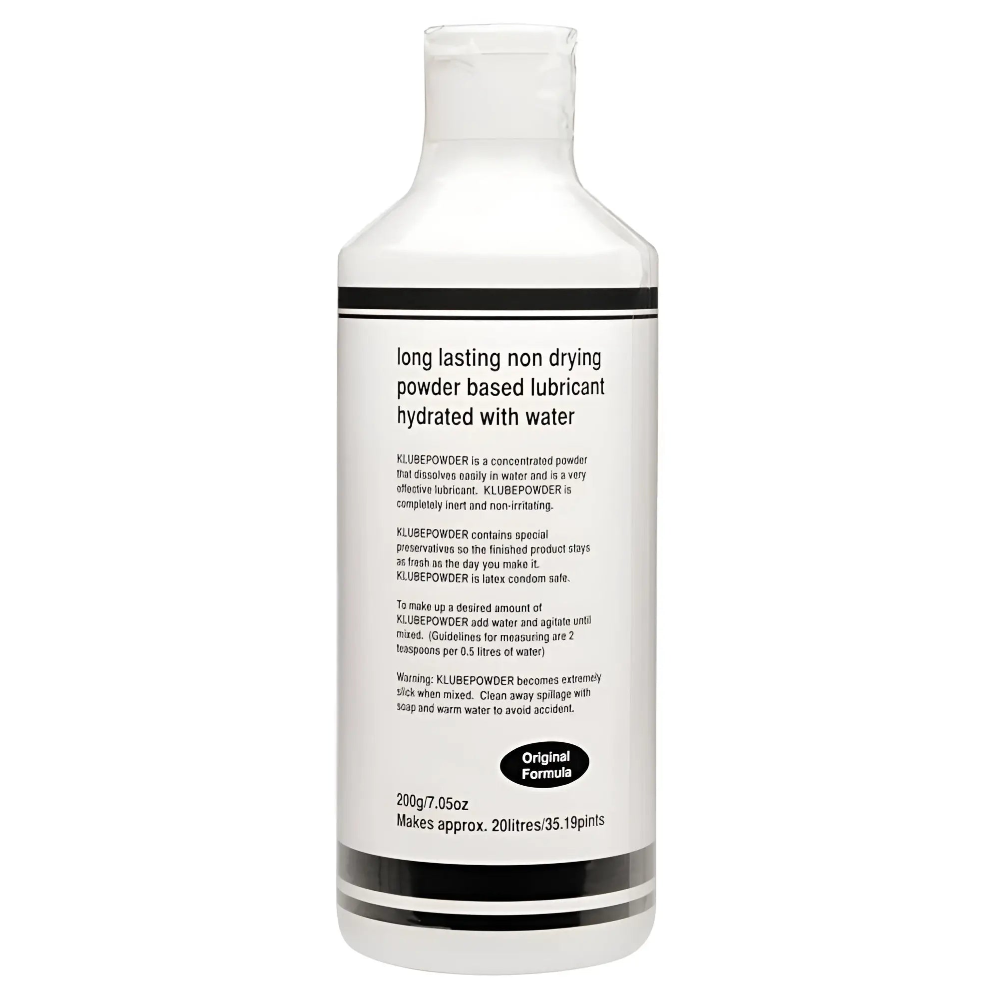 White plastic bottle with black label containing klube powder lubricant powder k lube 200gm for 20 litres use