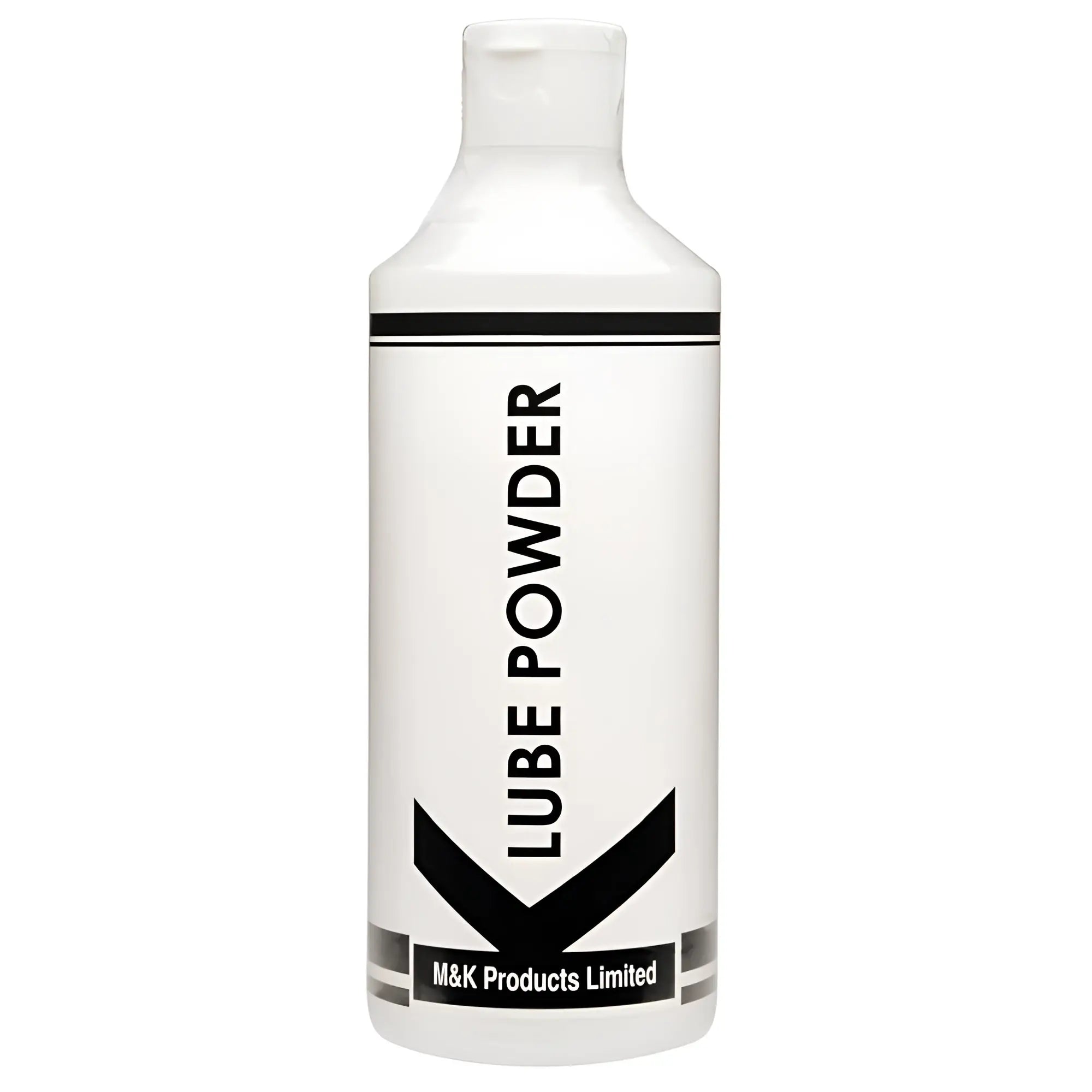 White plastic bottle of klube powder 200gm by m&k products limited with black text and bold v-shaped logo