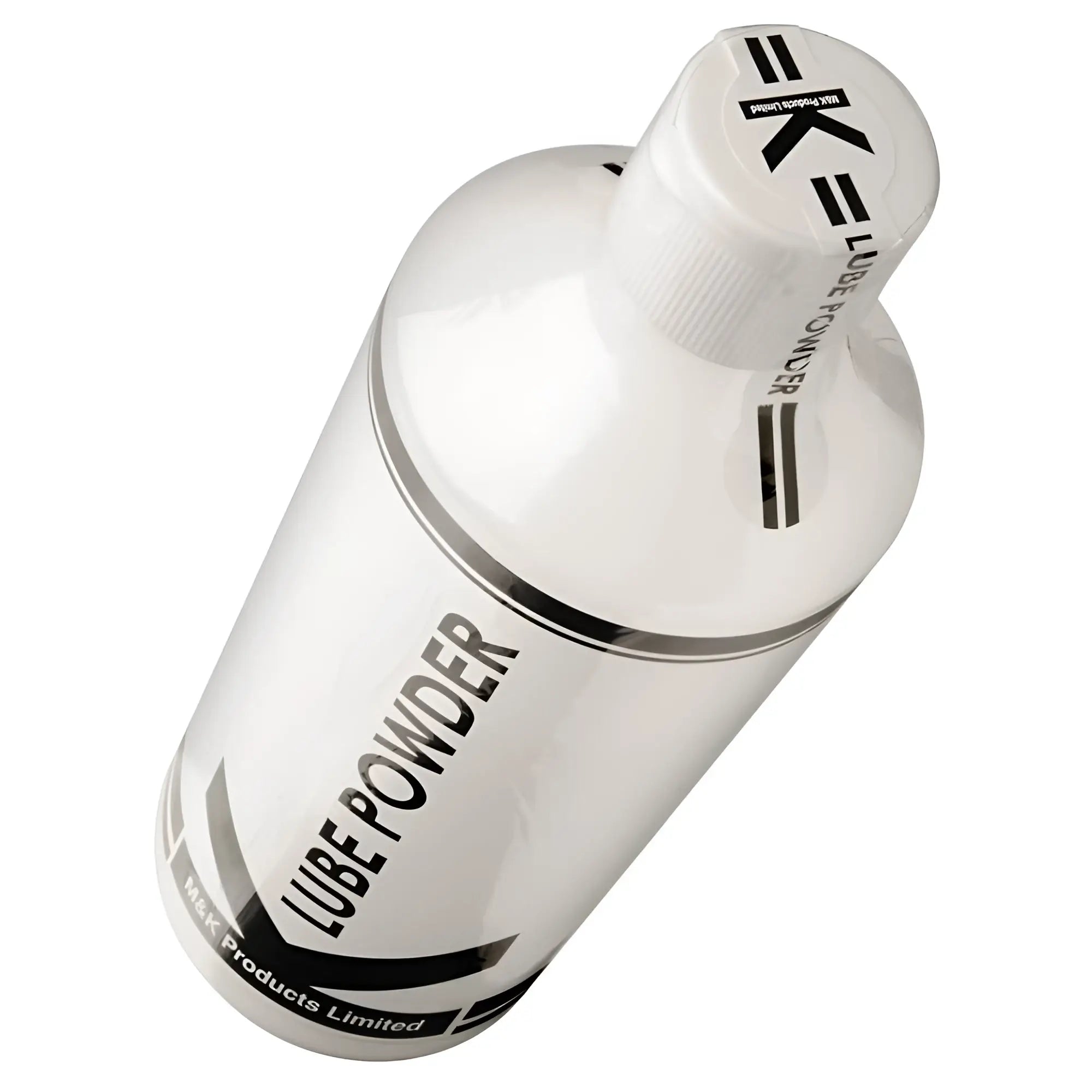 White plastic bottle of k lube powder 200gm by m&k products limited with black text and logo