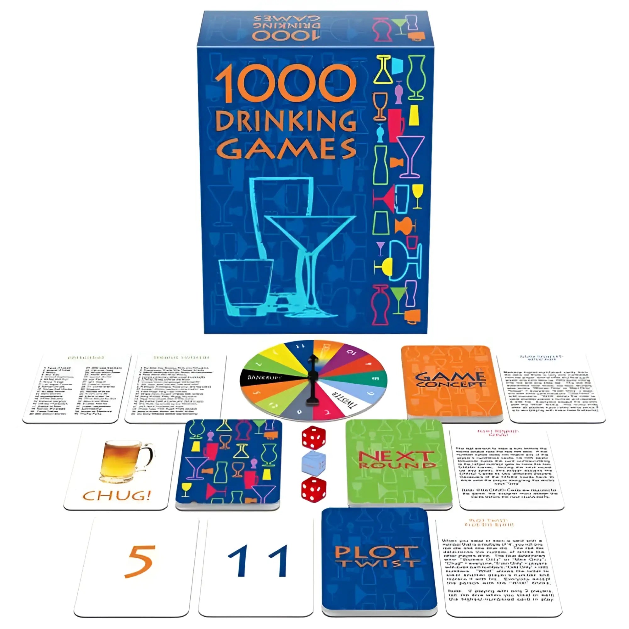 Blue box of kheper games 1000 drinking games featuring colorful cocktail glass illustrations and a spinning wheel