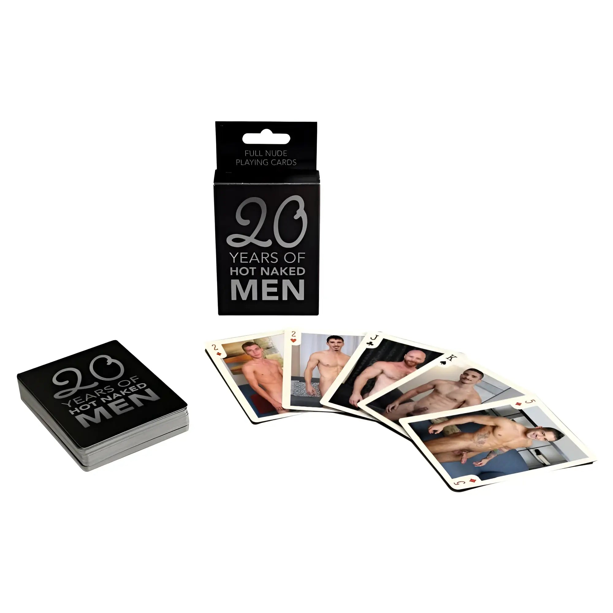 Black playing cards with silver foil nude men images in matching box labeled 20 years of hot naked men by kheper games