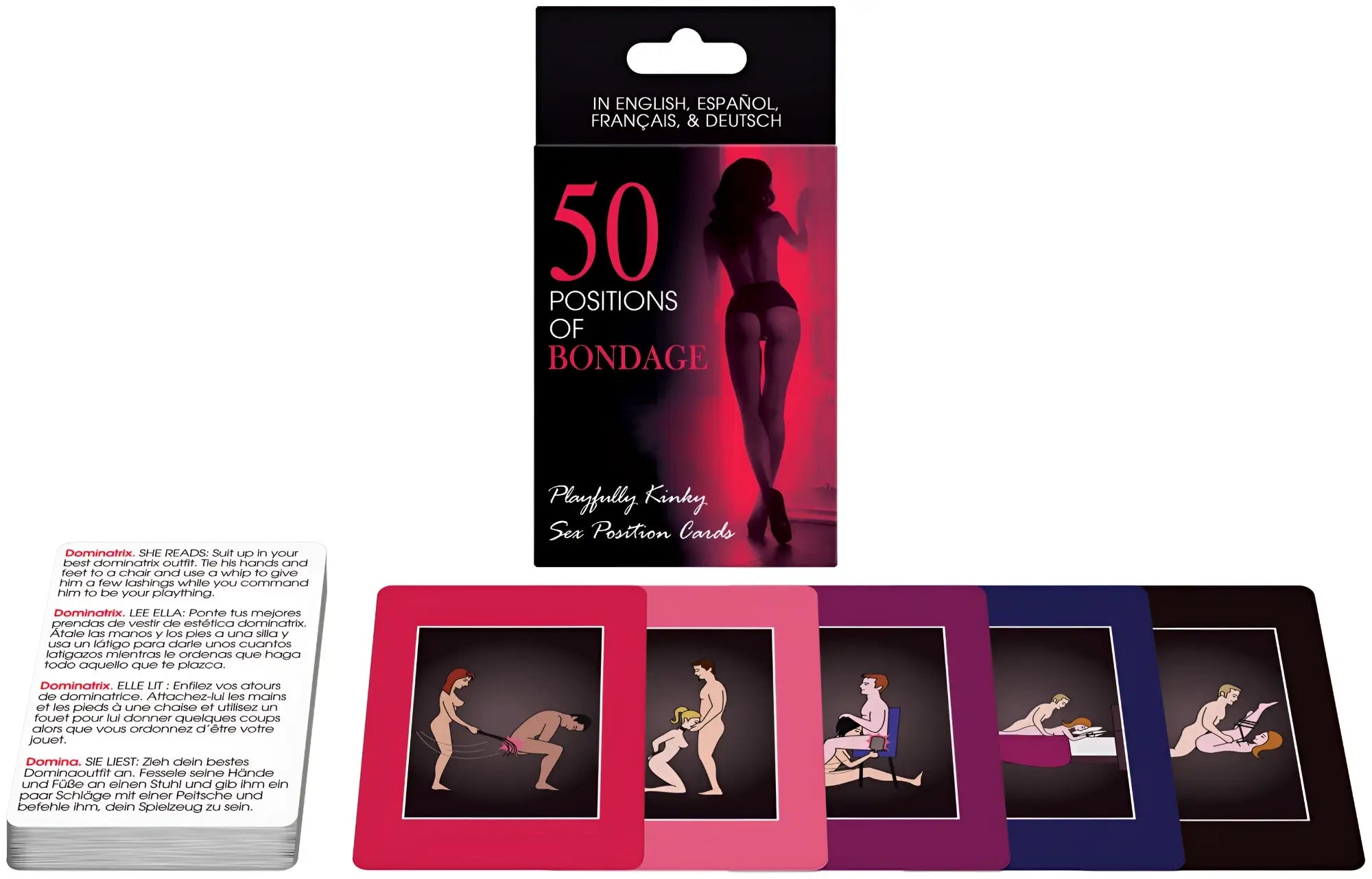 Pink purple blue and black illustrated sex position playing cards from kheper games 50 positions of bondage game