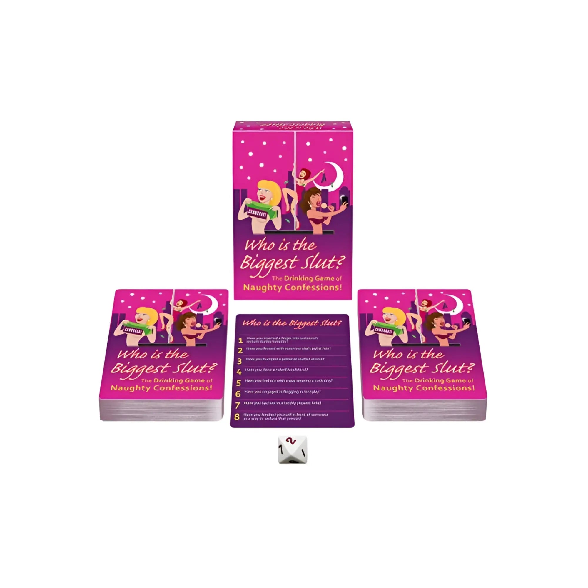 Pink and purple kheper games who is the biggest slut drinking card game box with illustrated women cards and white die