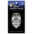 Silver metallic police insignia badge with official boob inspector text and breast design by kheper games on retail card