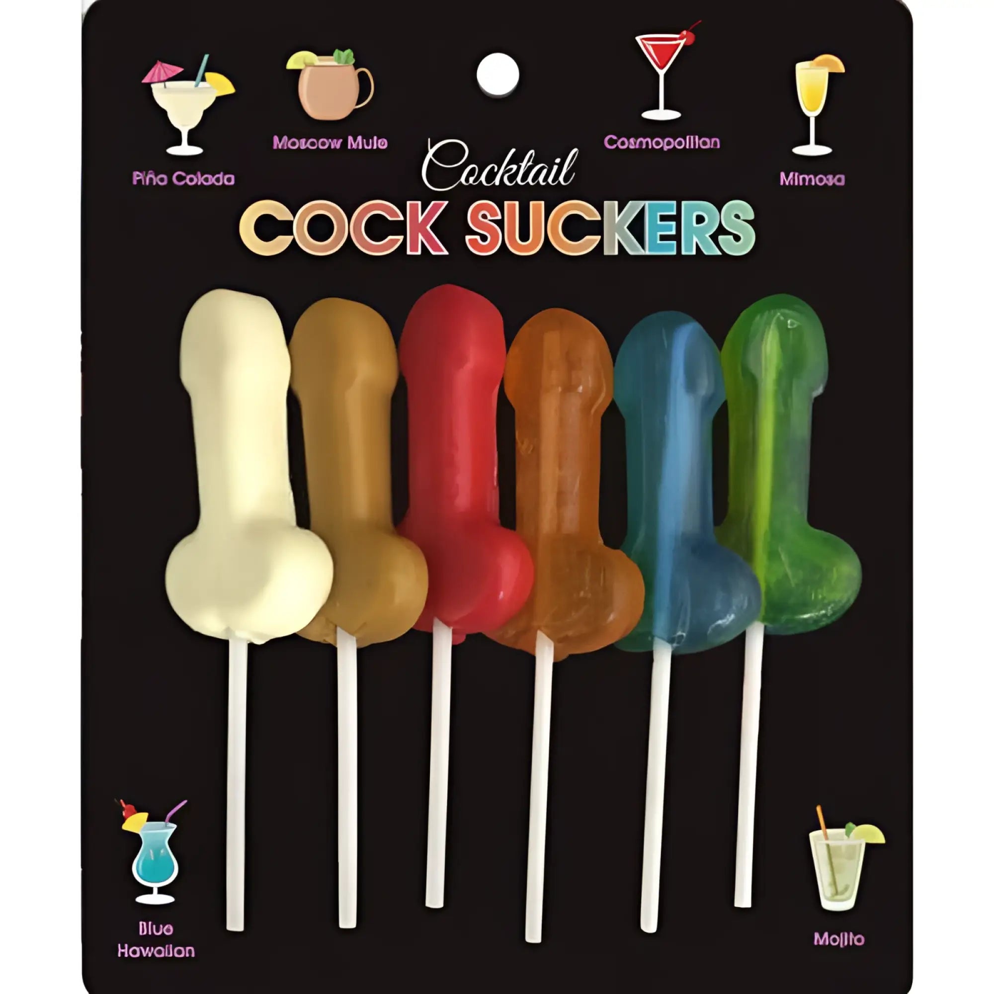 Colorful translucent cocktail-themed lollipop sticks in white gold red orange blue and green by kheper games