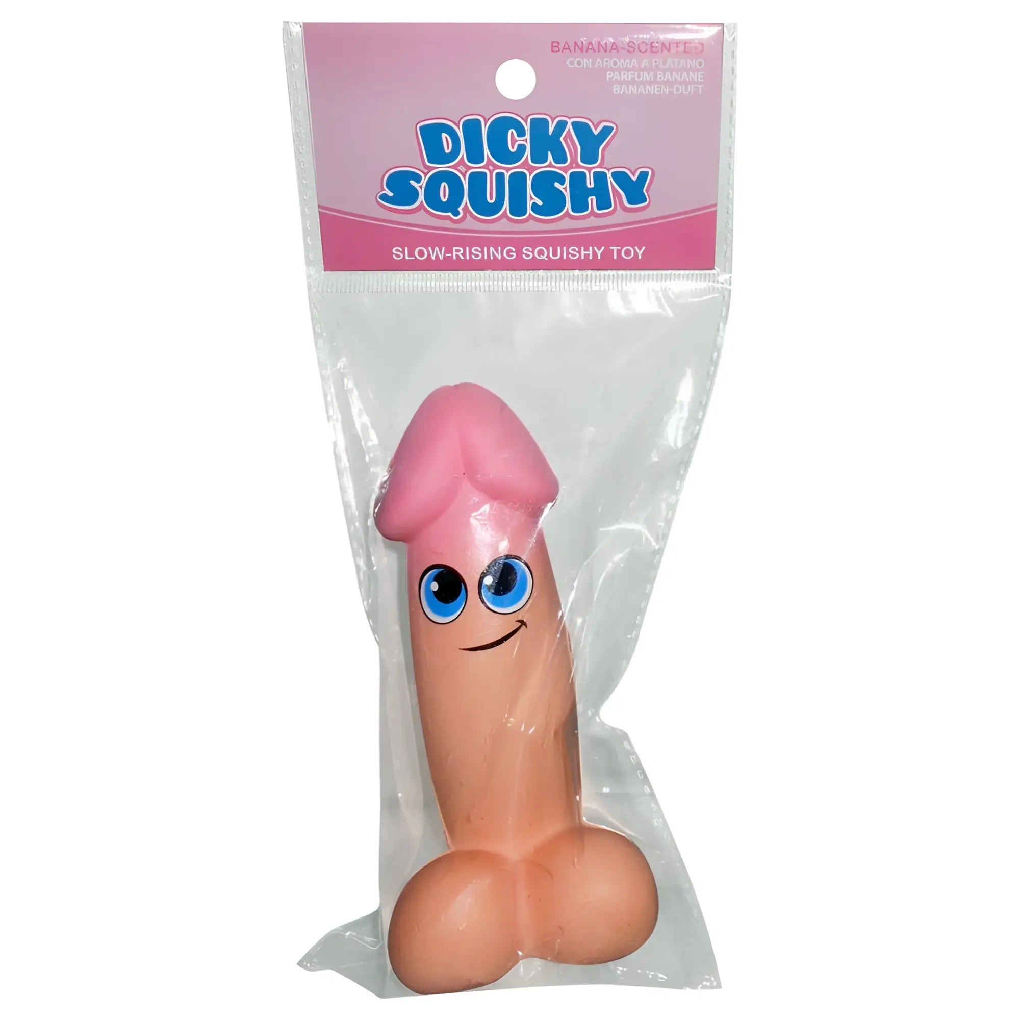 Kheper Games dicky squishy stress reliever is a pink banana-scented toy with blue eyes and a smiling face in clear packaging