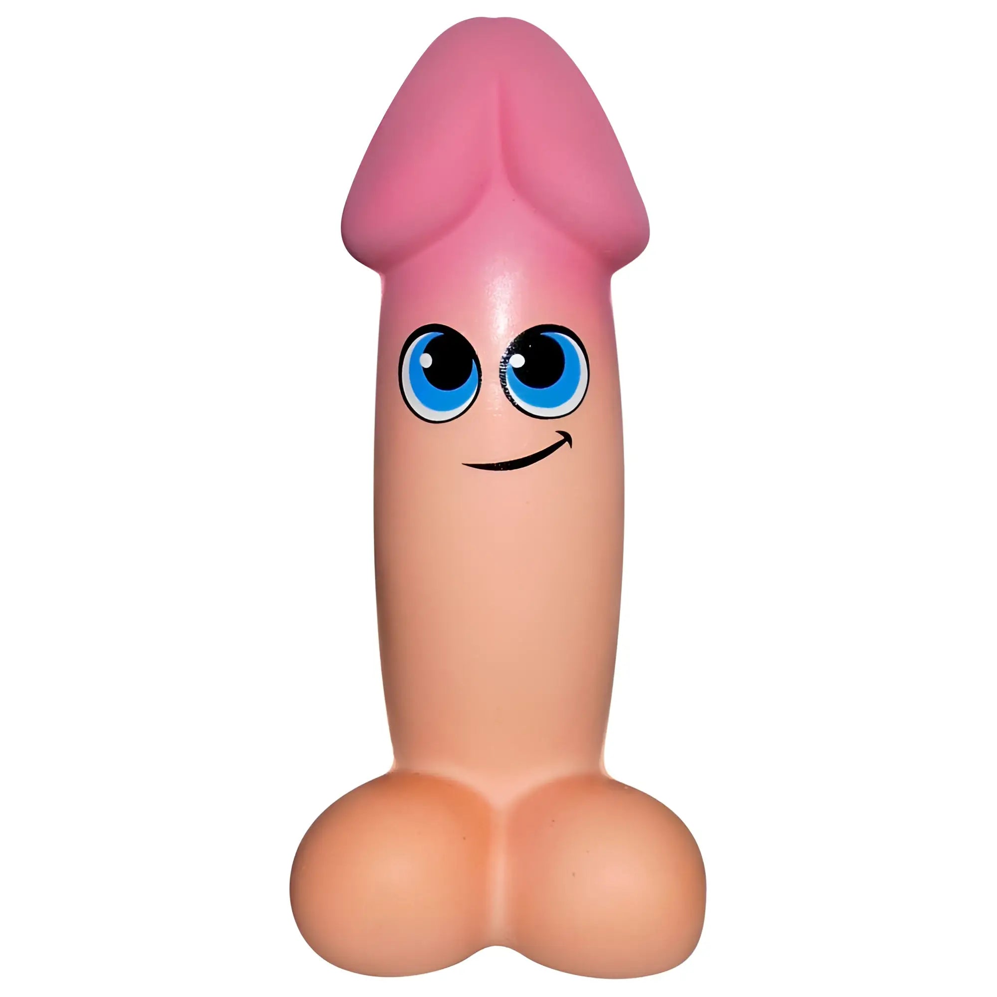 Pink and peach kheper games dicky squishy stress reliever with blue eyes and a smiling face for stress relief