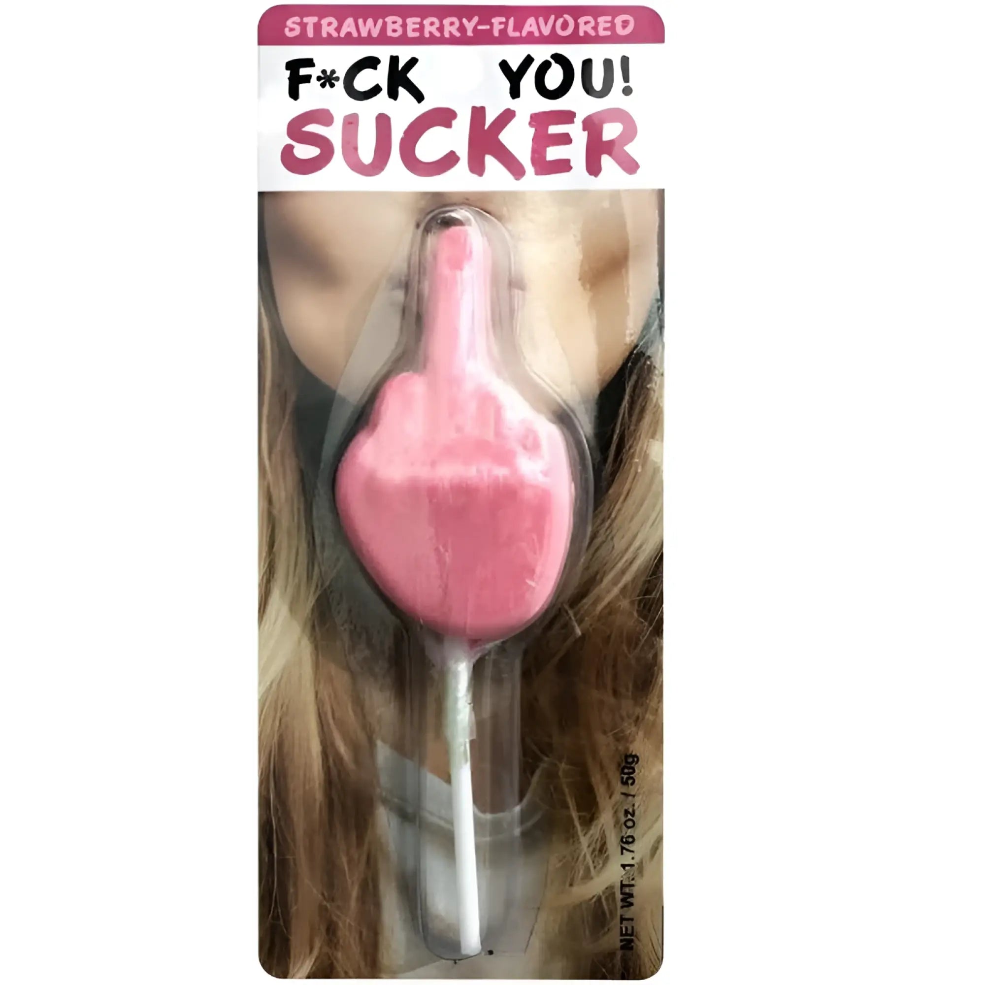 Kheper games f*ck you sucker pink strawberry flavored lollipop shaped like a hand giving the middle finger