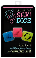 Three colorful glow in the dark sex dice with black silhouettes on black card backing by kheper games