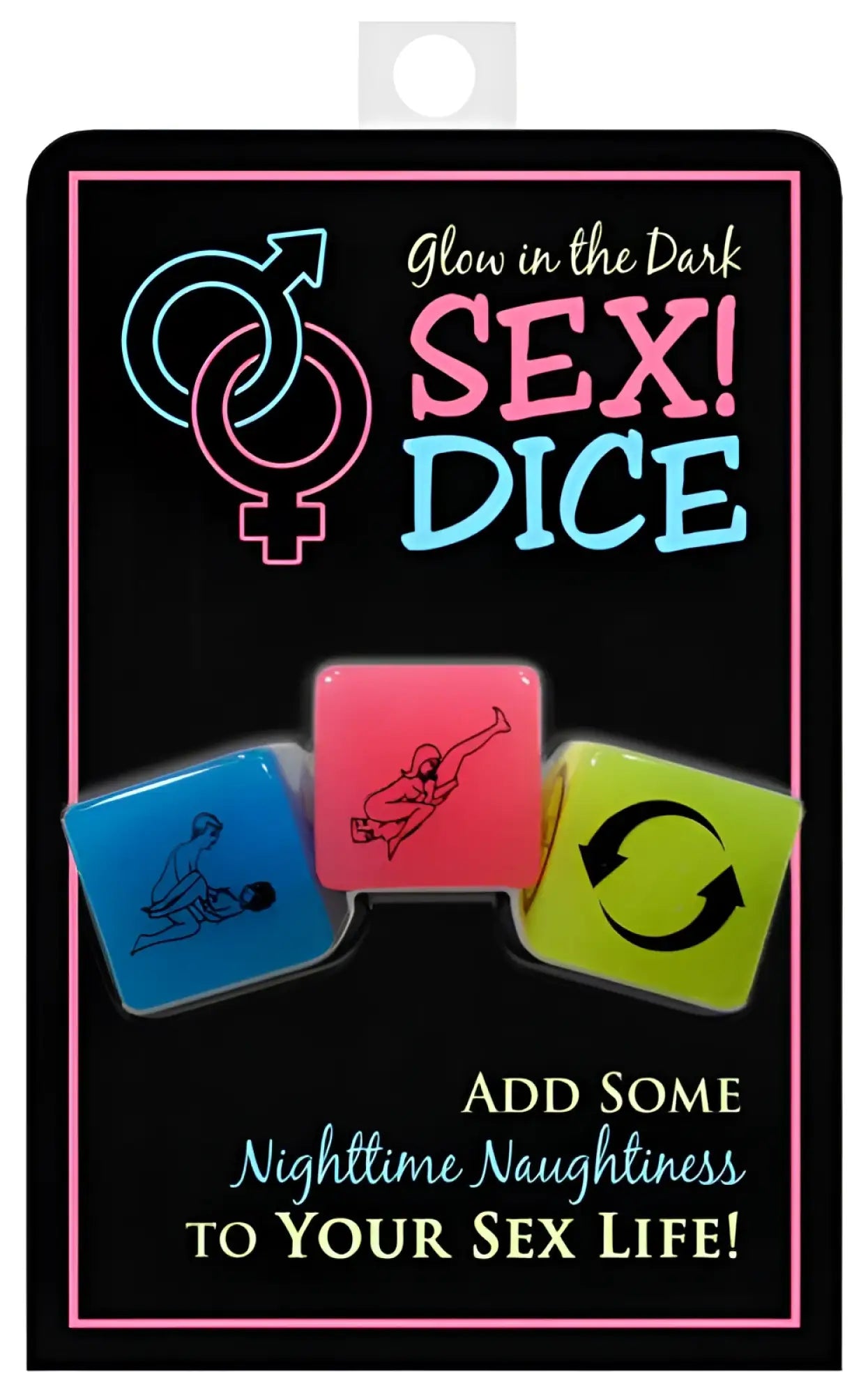 Three colorful glow in the dark sex dice with black silhouettes on black card backing by kheper games