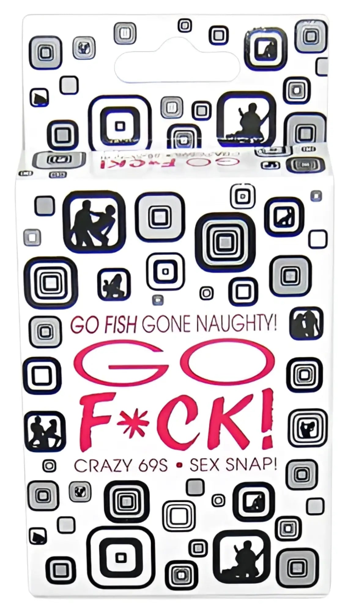 White cardboard box of kheper games go fuck card game with black and pink text and silhouette people in geometric squares