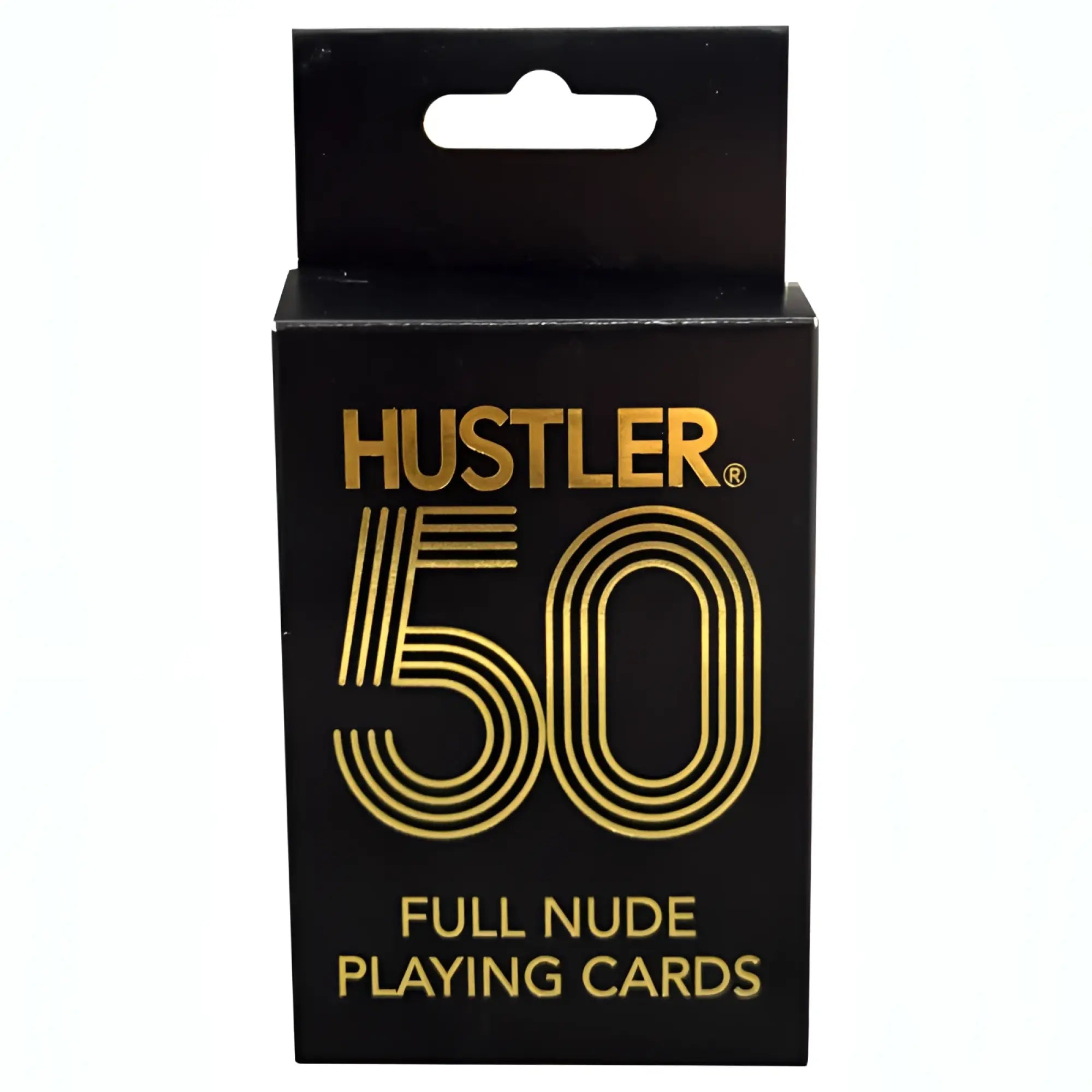 Black rectangular box with gold foil lettering containing 50 full nude hustler playing cards by kheper games