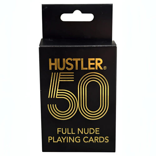 Black rectangular box with gold foil lettering containing 50 full nude hustler playing cards by kheper games