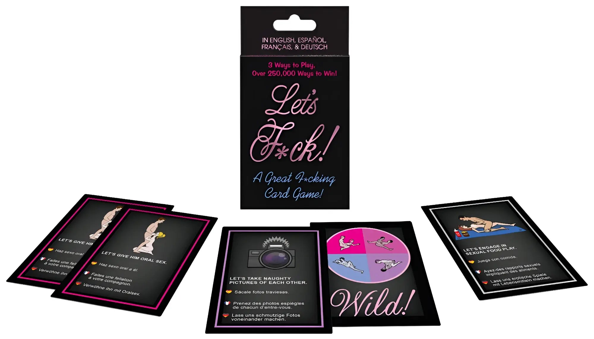 Kheper Games lets f*ck card game black box with pink white text and a circular wild spinner for adult party fun