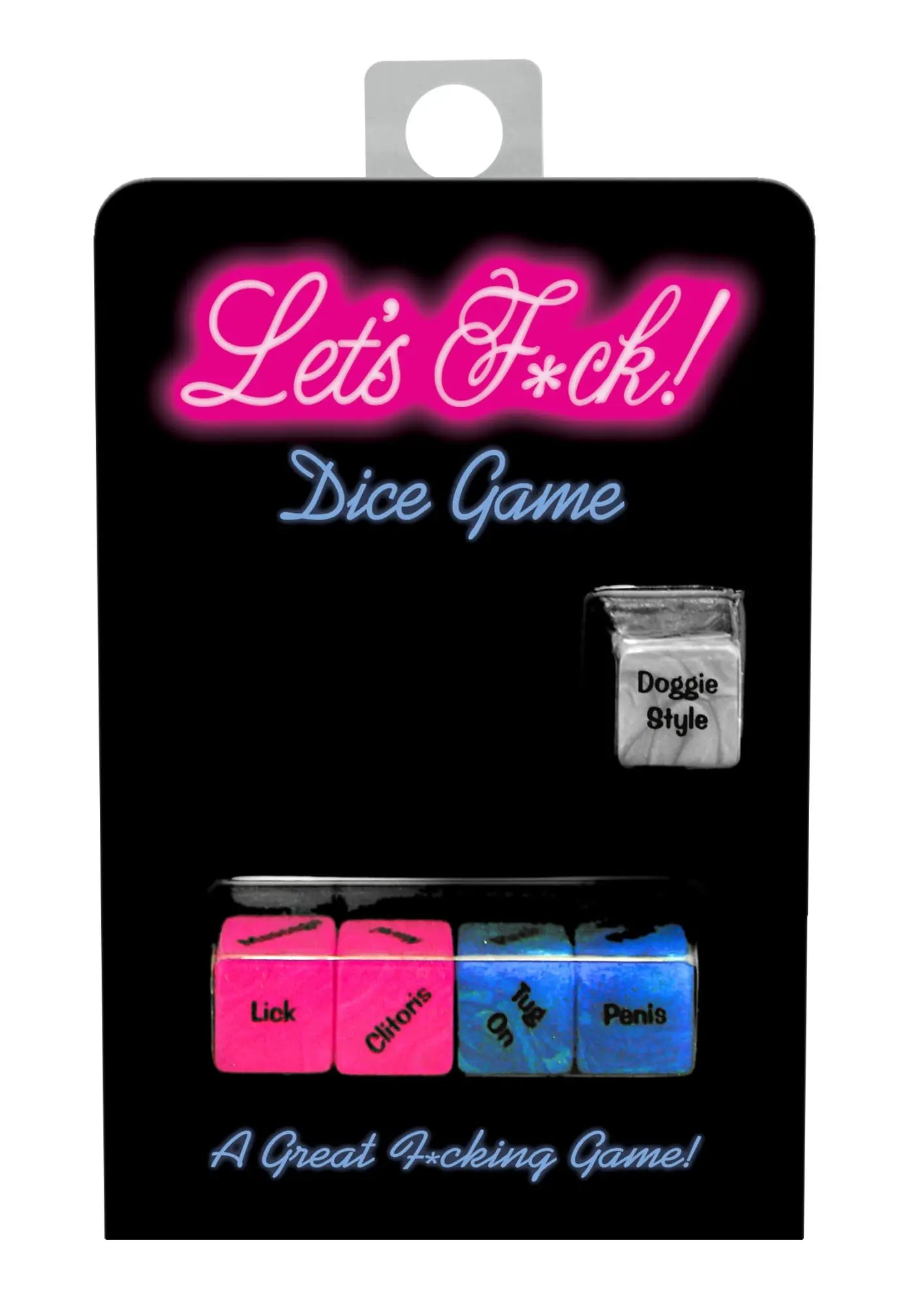 Pink and blue kheper games lets fck dice featuring playful explicit phrases on each face for adult party fun