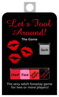Black rectangular Kheper Games lets fool around dice game card with red cursive text and four colored body part dice