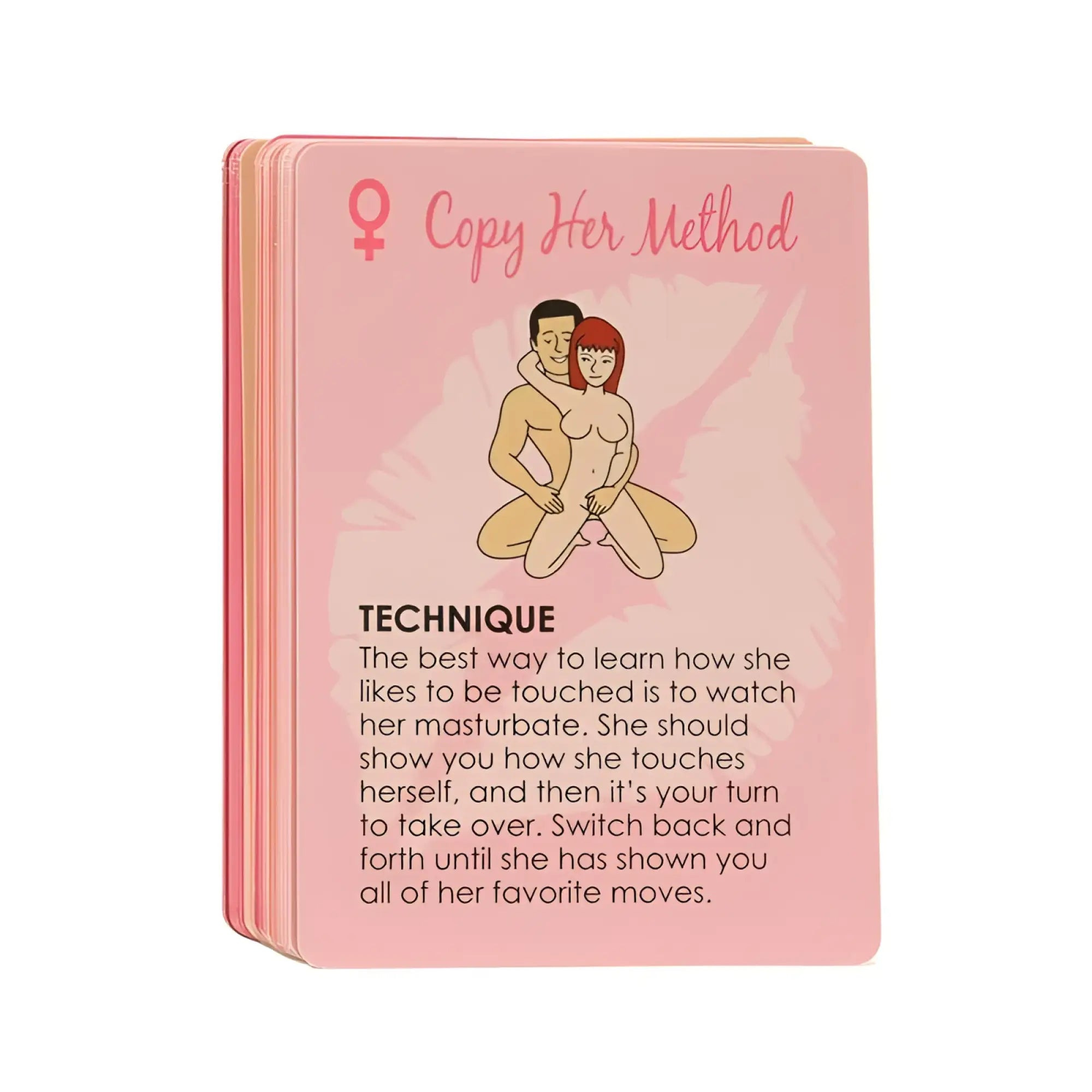 Pink copy her method technique card with cartoon figures and instructions from kheper games the oral sex card game