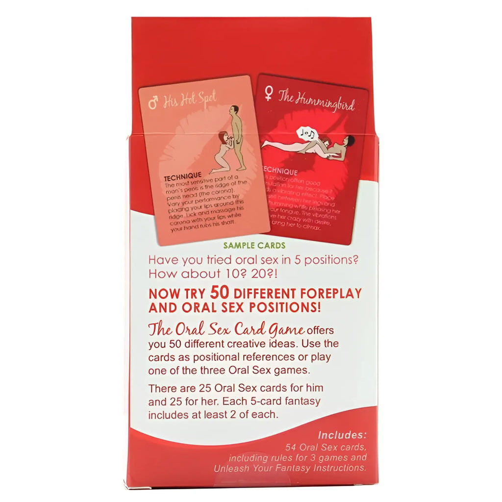 Red and white box of kheper games the oral sex card game with illustrated position cards displayed
