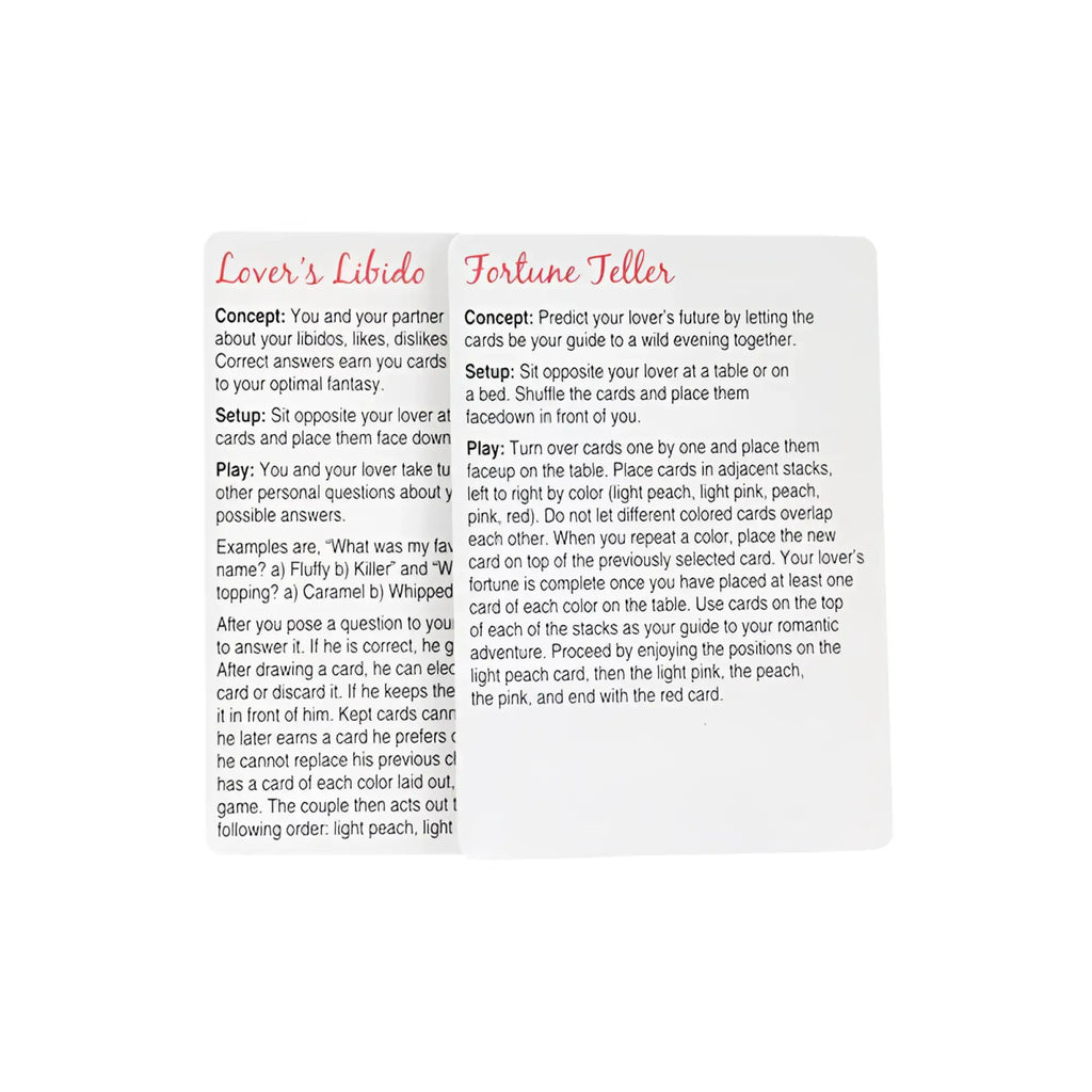 Back of white rectangular card with pink text showing instructions for lover’s libido and fortune teller games in kheper games oral sex card game
