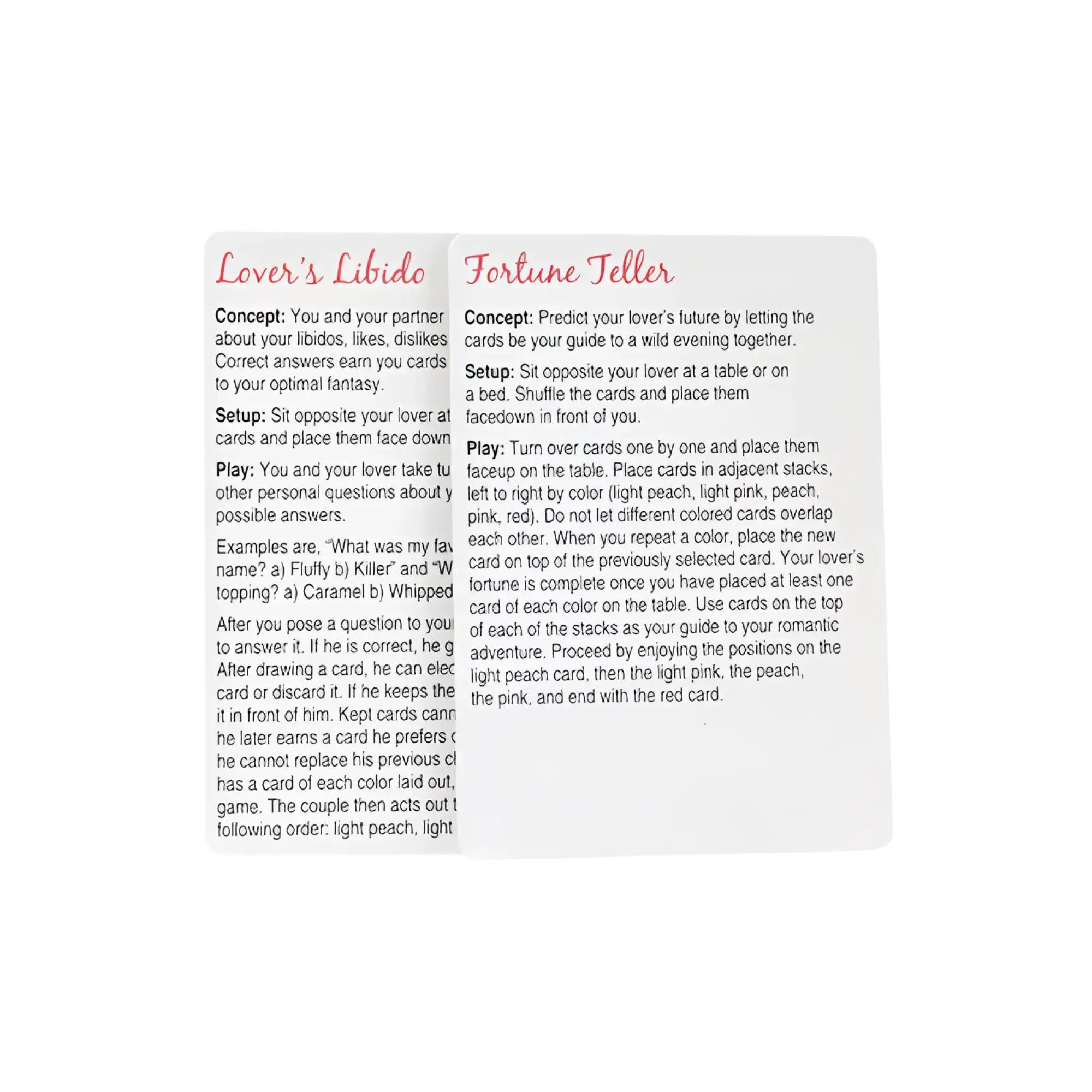 Back of white rectangular card with pink text showing instructions for lover’s libido and fortune teller games in kheper games oral sex card game