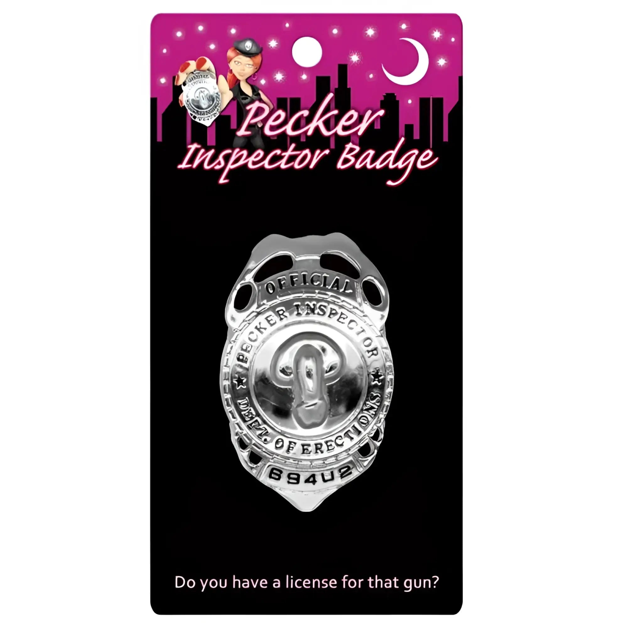 Silver metallic pecker inspector badge by kheper games with engraved text and cartoon dog on pink and black card