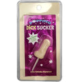 A beige glossy candy-shaped popper with a stick handle in clear packaging from kheper games popping dick sucker
