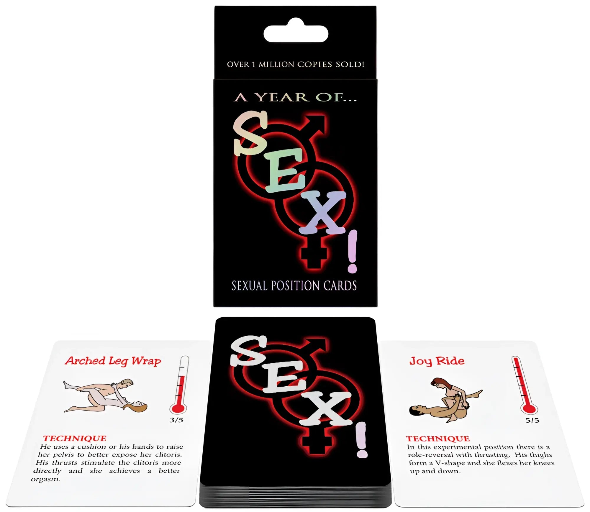 Black and white sexual position cards with neon red sex logo in a black cardboard sleeve from kheper games sex card game a year of sex