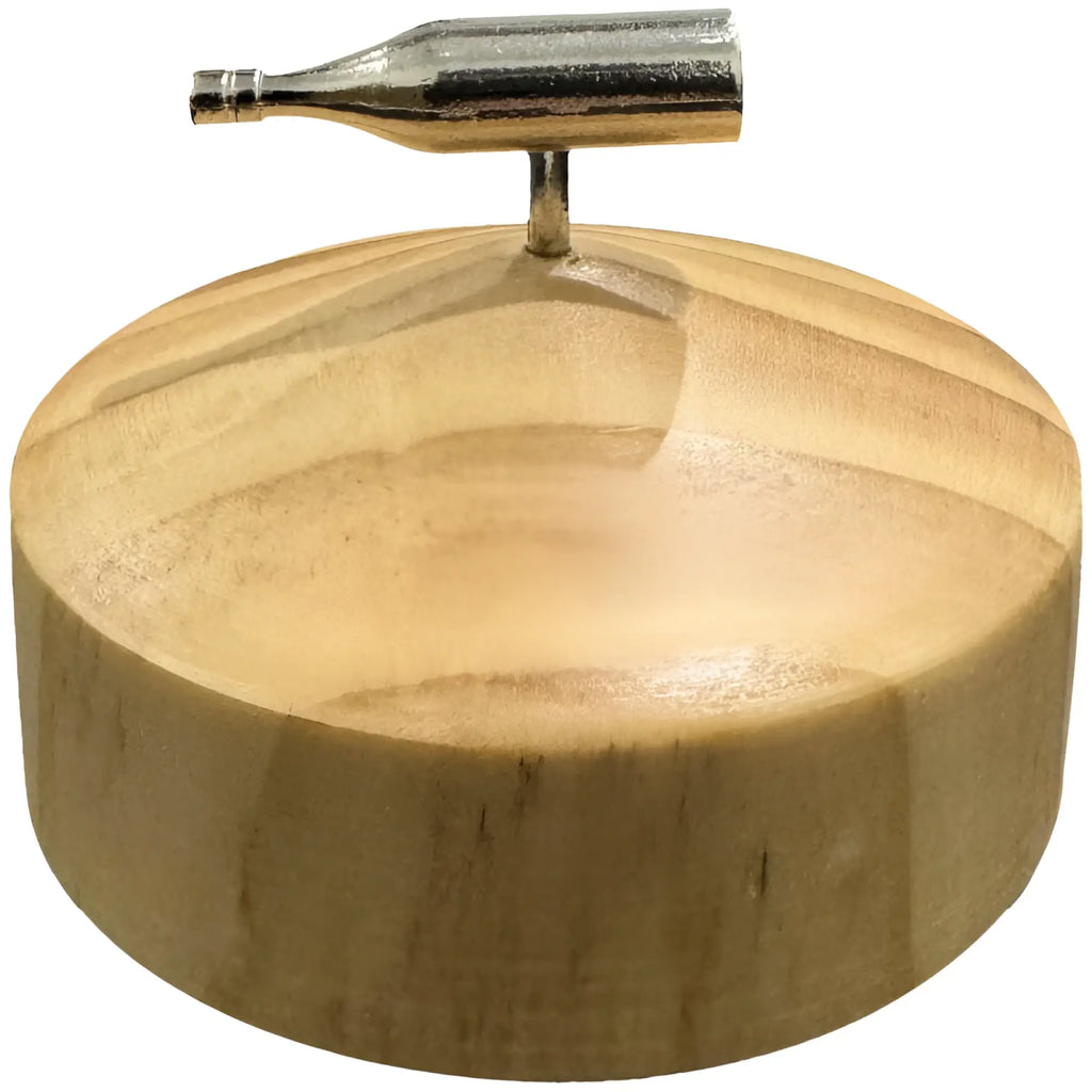 Kheper games spin the bottle game with a polished light brown wooden base and metallic bottle shaped top