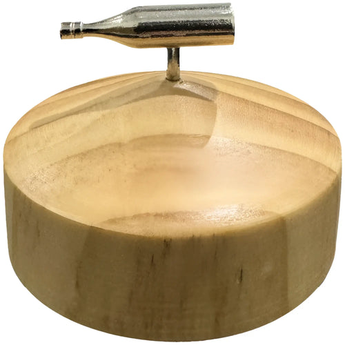 Kheper games spin the bottle game with a polished light brown wooden base and metallic bottle shaped top