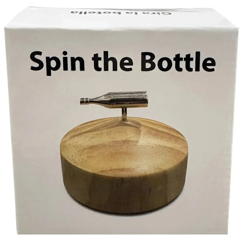 Silver metallic bottle-shaped spinner on a circular wooden base for kheper games spin the bottle game