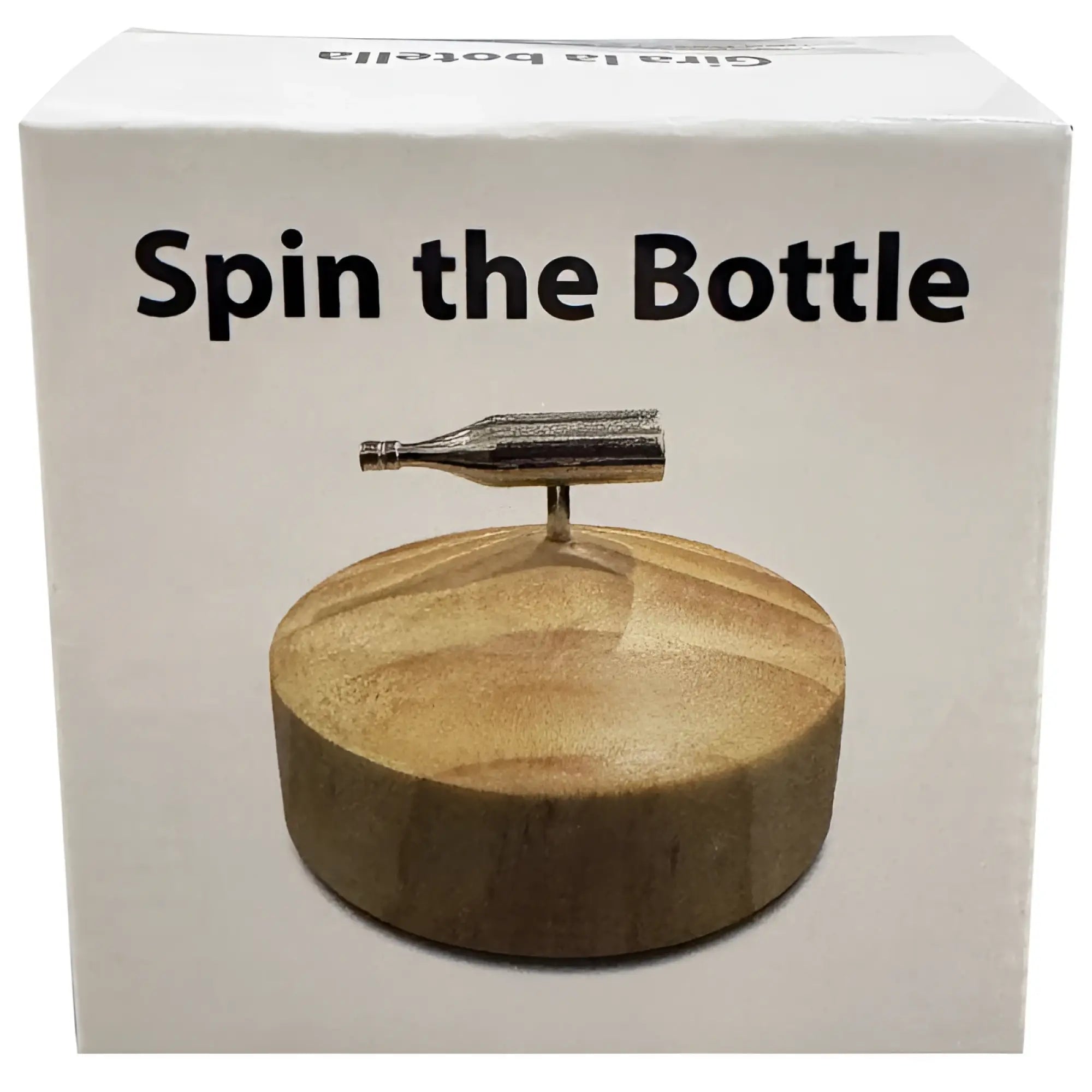 Silver metallic bottle-shaped spinner on a circular wooden base for kheper games spin the bottle game