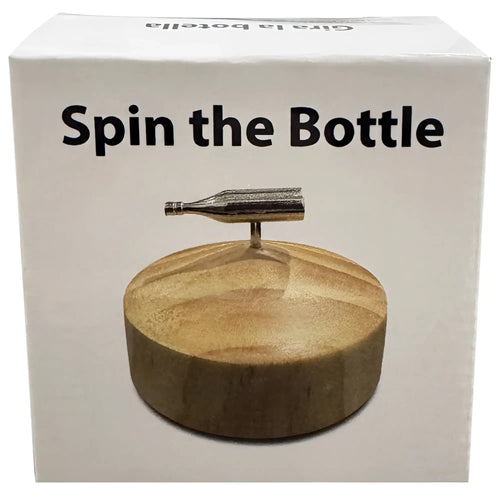 Silver metallic bottle-shaped spinner on a circular wooden base for kheper games spin the bottle game