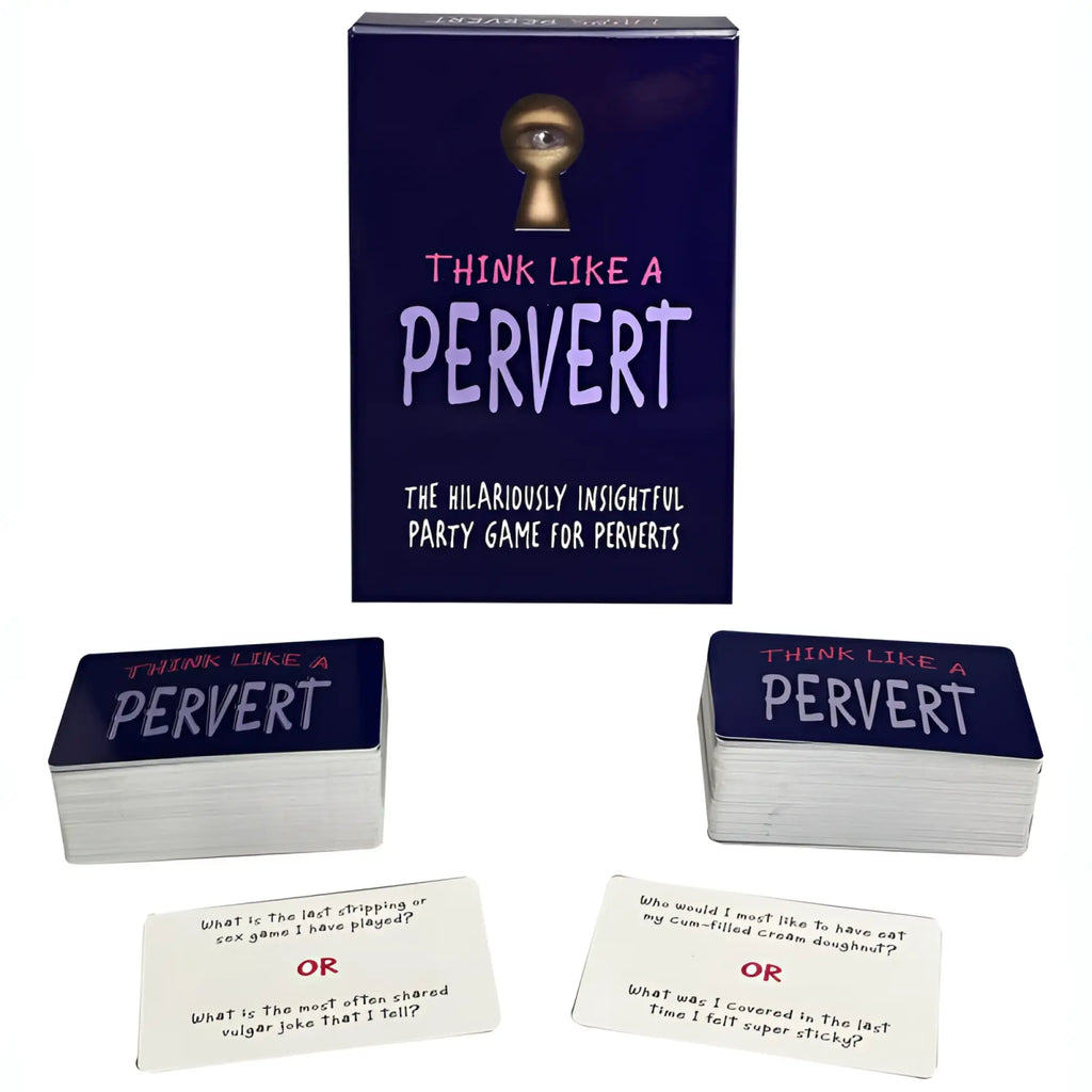 Dark blue box with gold keyhole and white text think like a pervert above subtitle with two card stacks for kheper games card game
