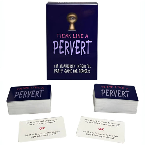 Dark blue box with gold keyhole and white text think like a pervert above subtitle with two card stacks for kheper games card game