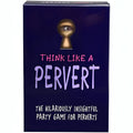 Dark blue box with golden keyhole and eye peeking through labeled think like a pervert card game by kheper games