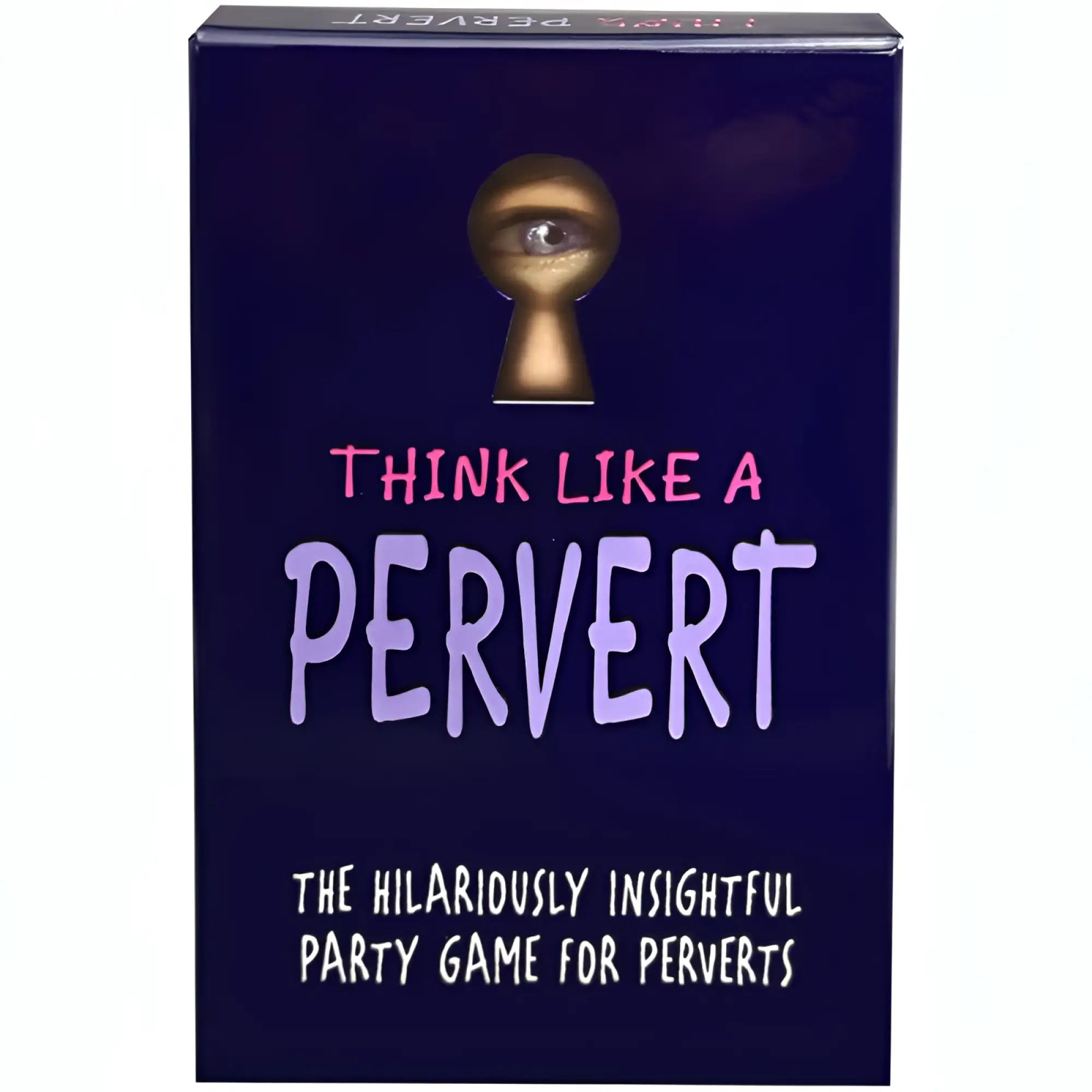 Dark blue box with golden keyhole and eye peeking through labeled think like a pervert card game by kheper games
