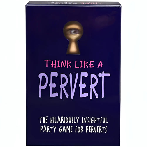 Dark blue box with golden keyhole and eye peeking through labeled think like a pervert card game by kheper games
