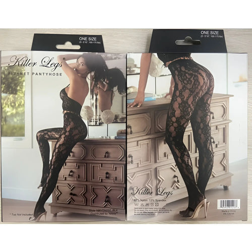 Black lace fishnet pantyhose with sheer mesh and intricate floral patterns from Killer Legs in chestnut cheetah coffee color